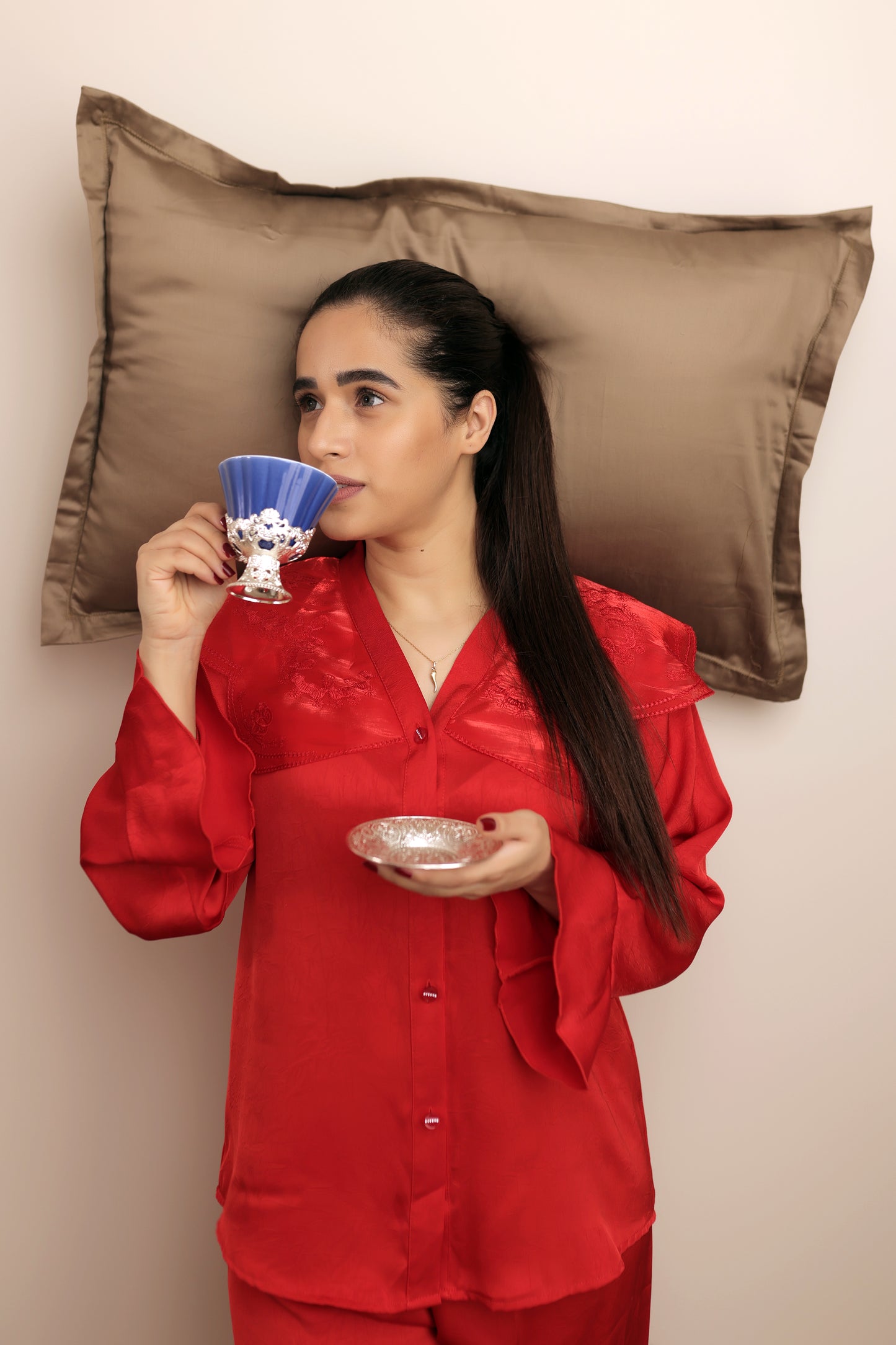 Ruby Red Satin Co-ord Pajama Set
