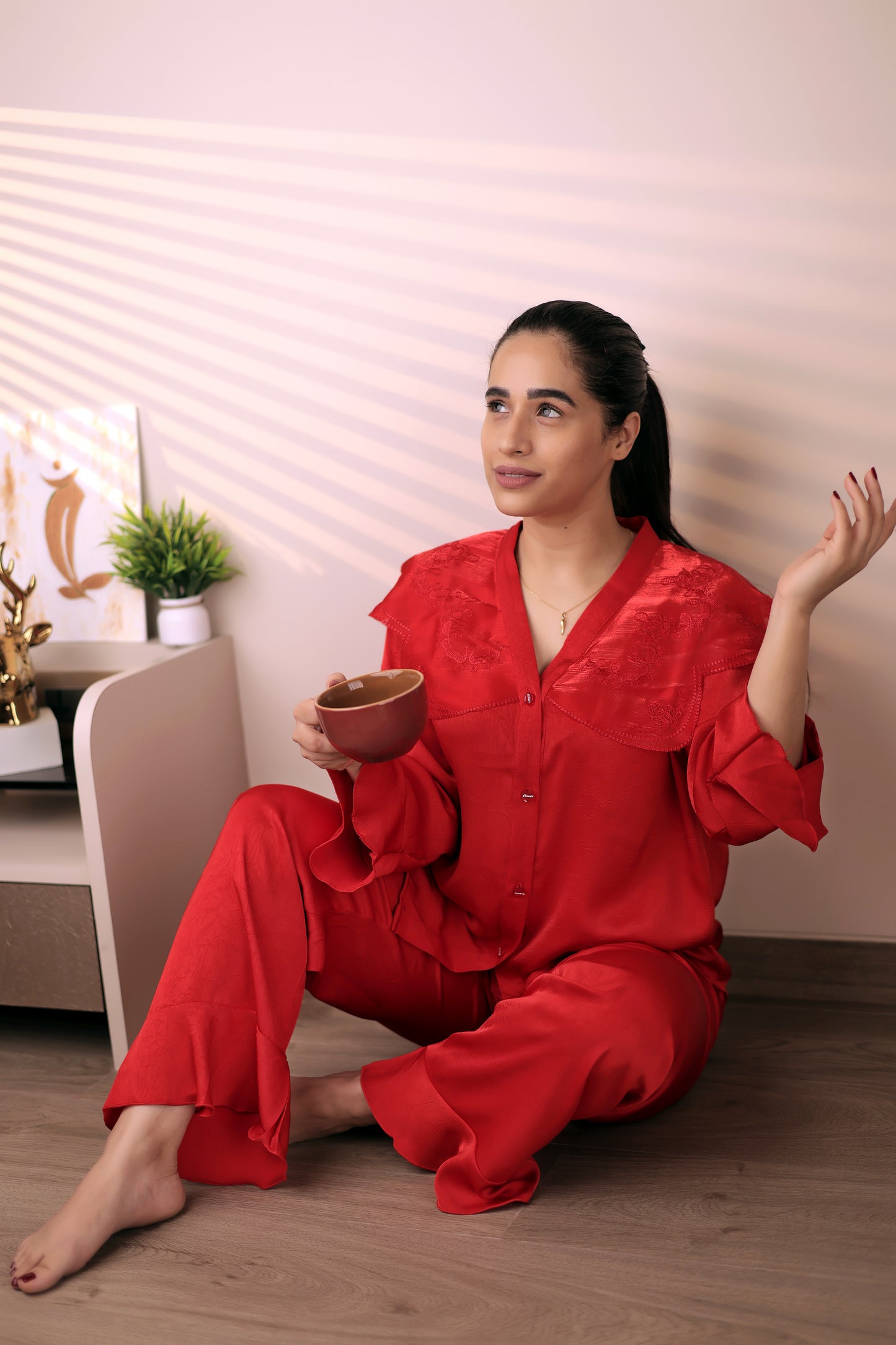 Ruby Red Satin Co-ord Pajama Set