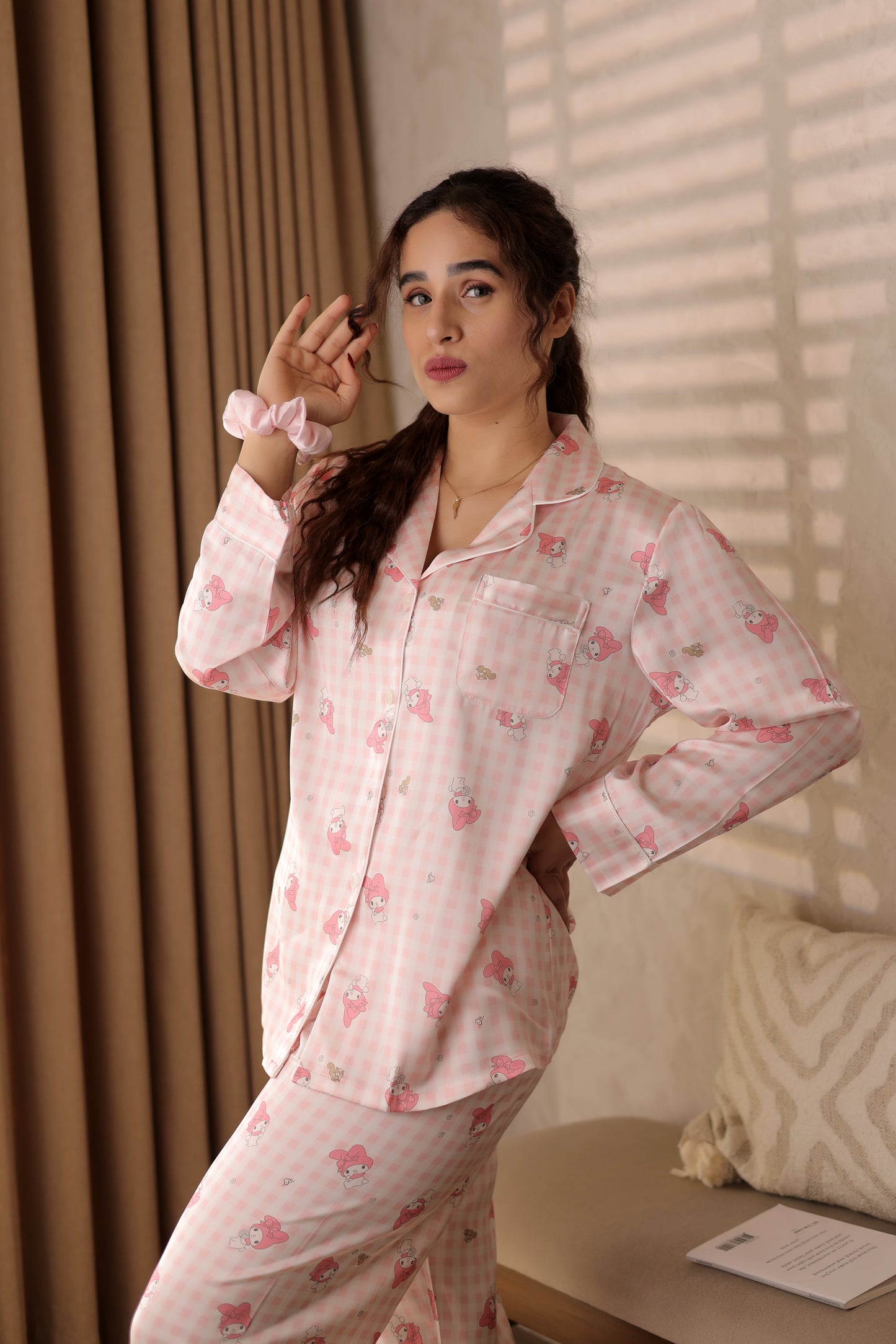 Pink Checkered Cartoon Satin Pajama Set