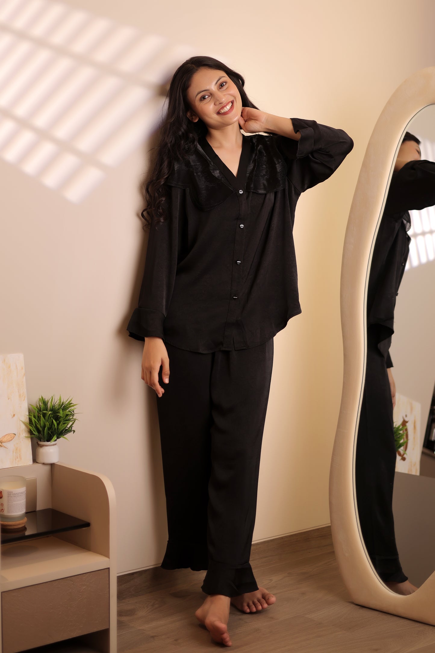 Midnight Black Satin Night Suit