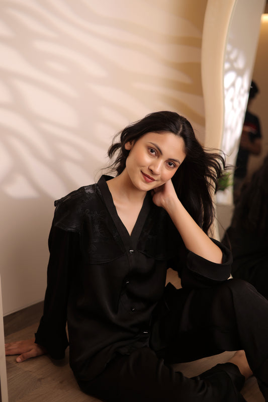 Midnight Black Satin Night Suit