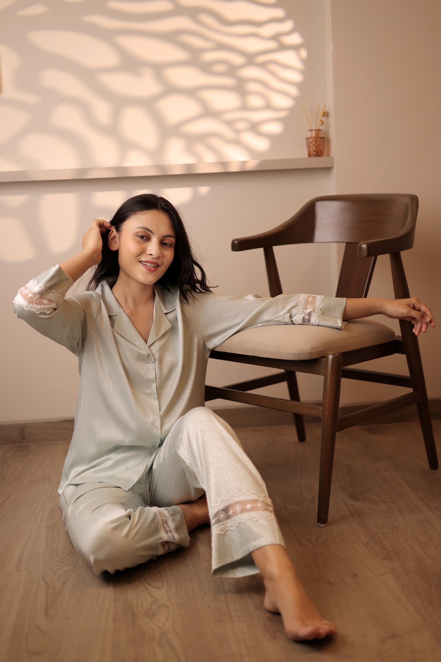 Sage Green Satin Lace Pajama Set