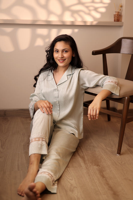 Sage Green Satin Lace Pajama Set
