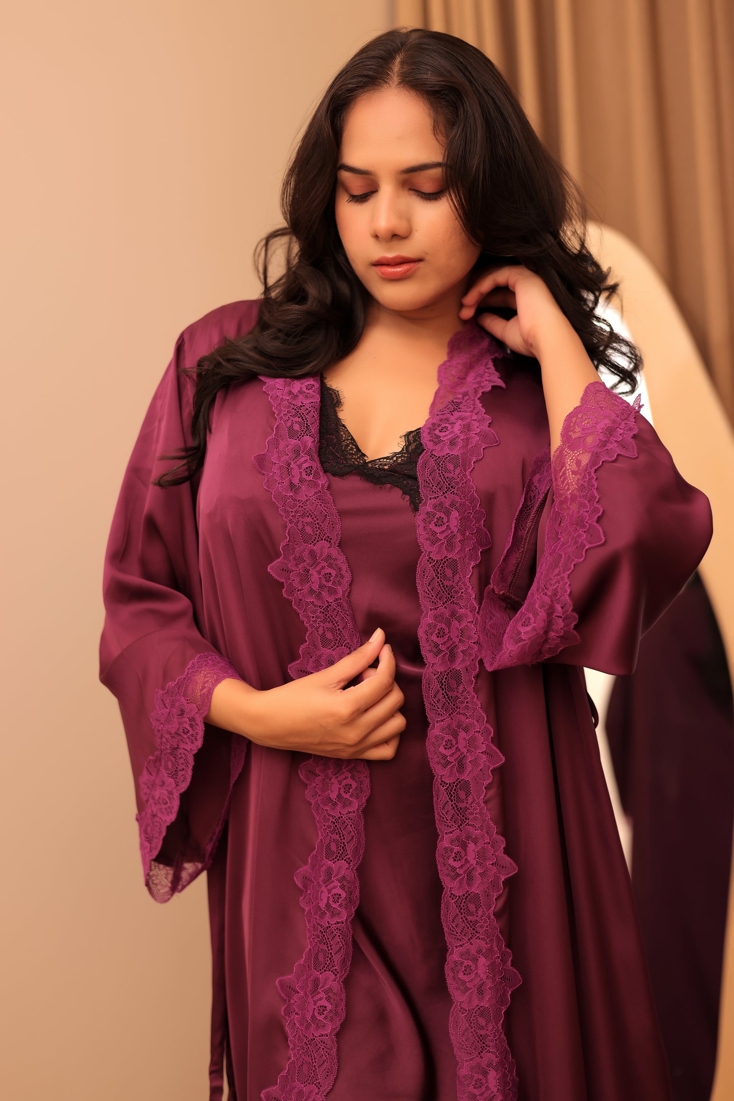 Wine Satin Lace Long Robe Set