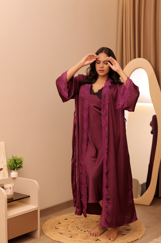 Wine Satin Lace Long Robe Set
