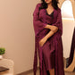 Wine Satin Lace Long Robe Set