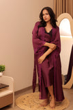 Wine Satin Lace Long Robe Set