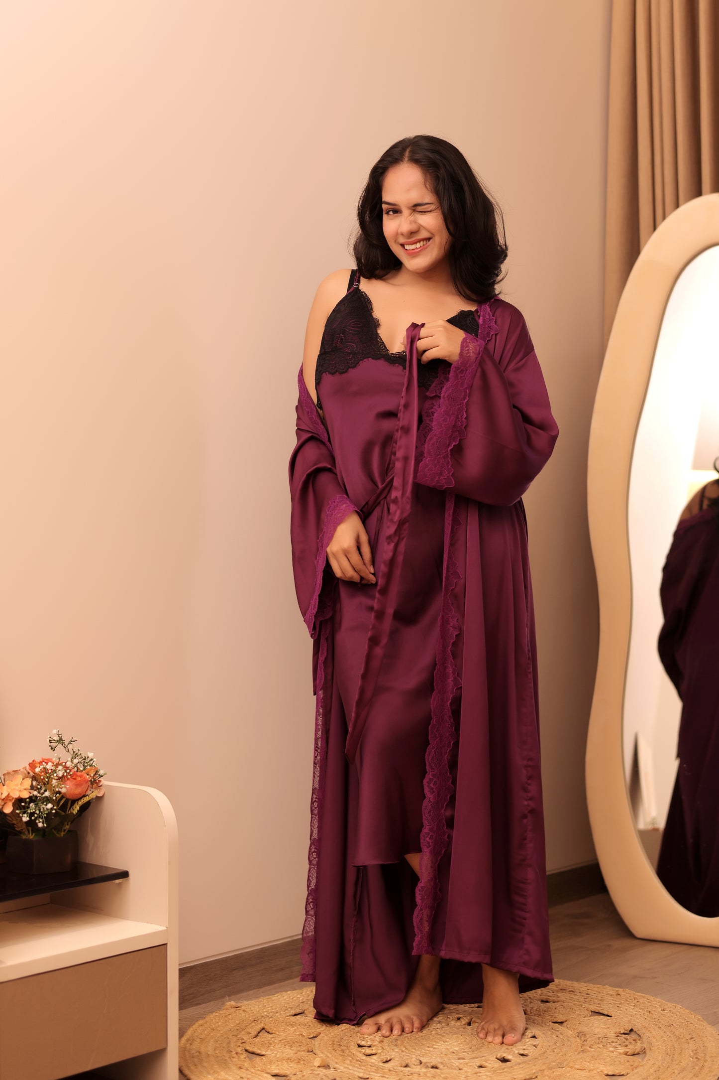 Wine Satin Lace Long Robe Set