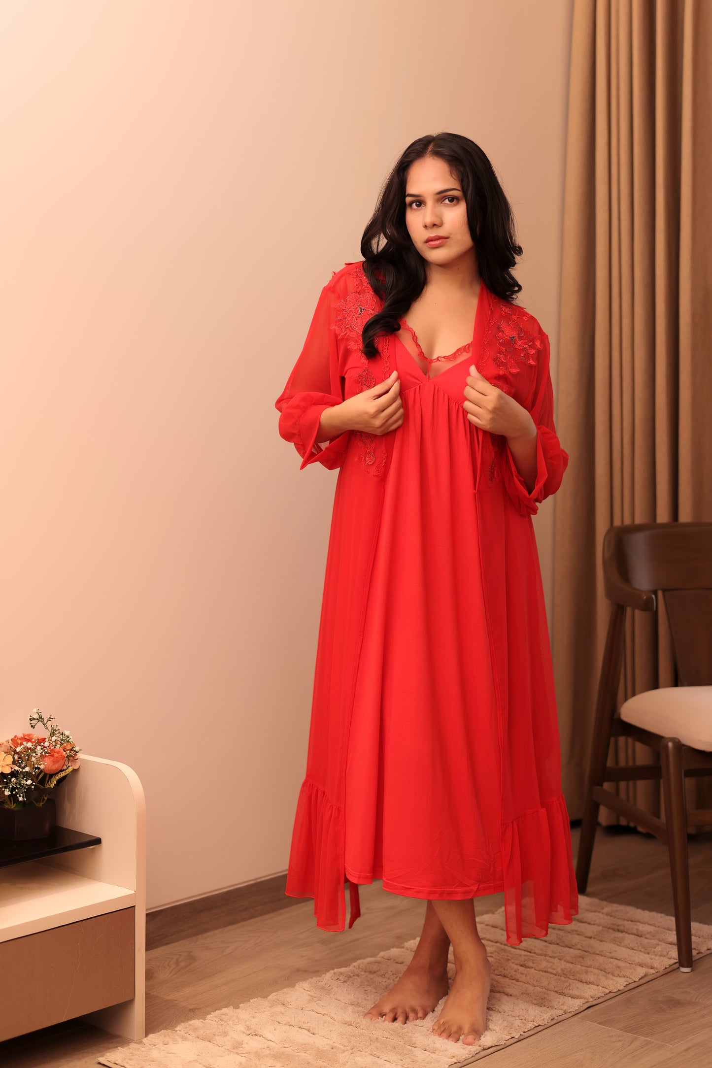 Ruby Red Luxury Lace Robe Nightwear Set