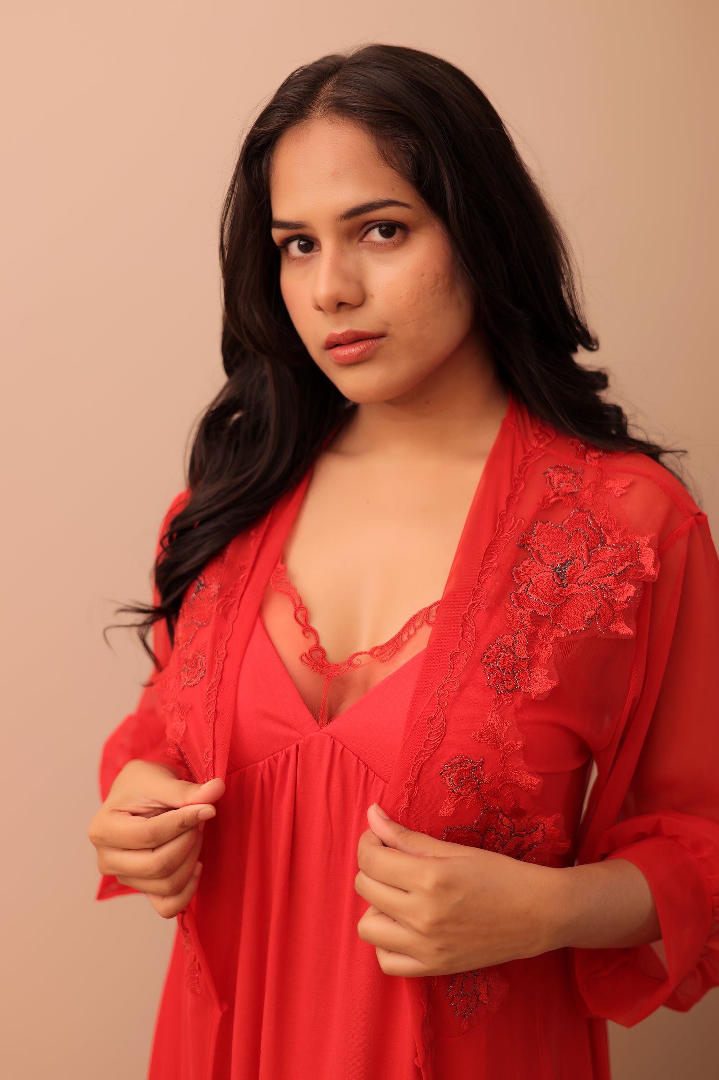 Ruby Red Luxury Lace Robe Nightwear Set