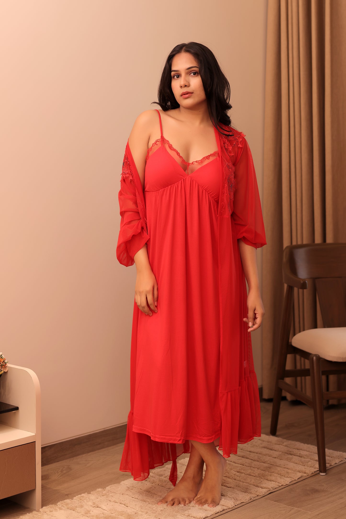 Ruby Red Luxury Lace Robe Nightwear Set