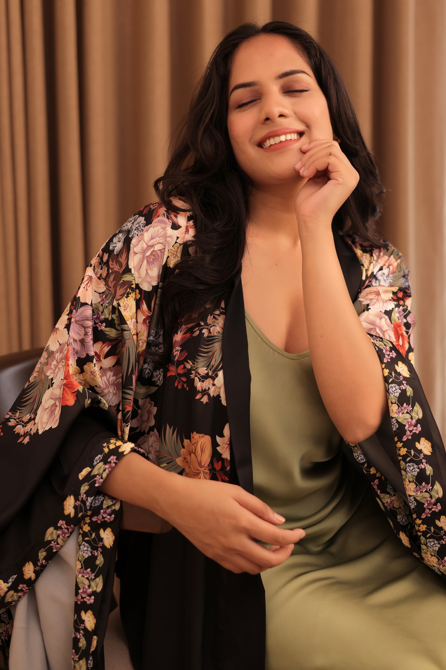 Black Floral Satin Robe with Slip Dress