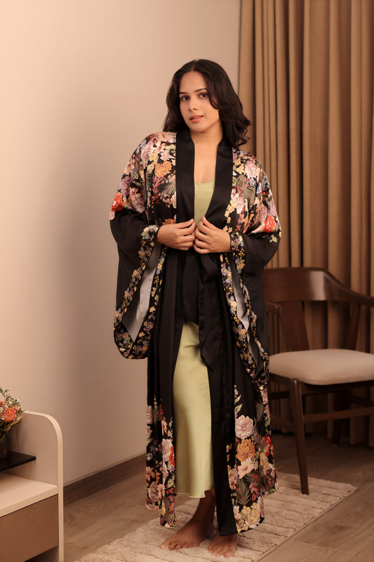Black Floral Satin Robe with Slip Dress
