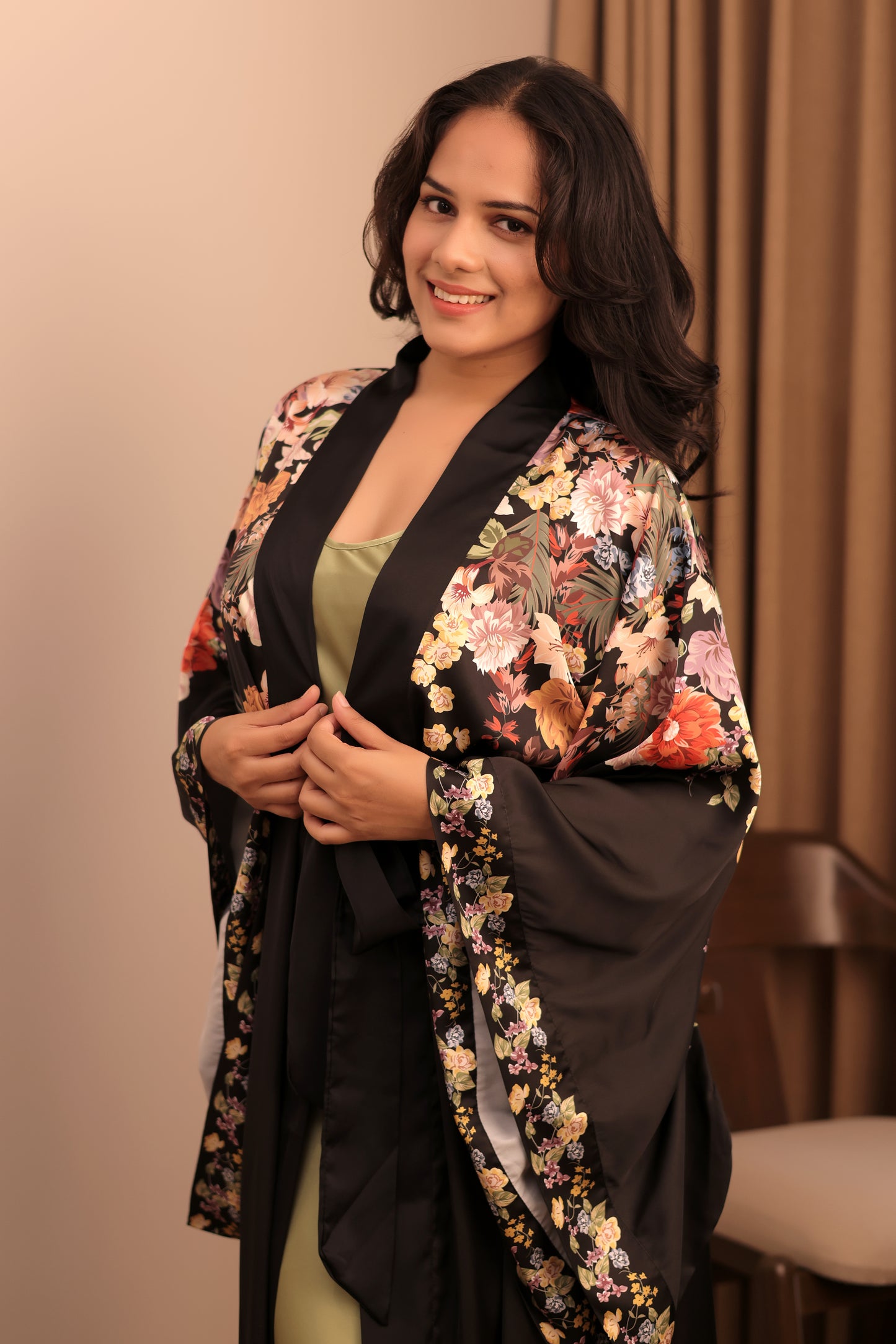 Black Floral Satin Robe with Slip Dress