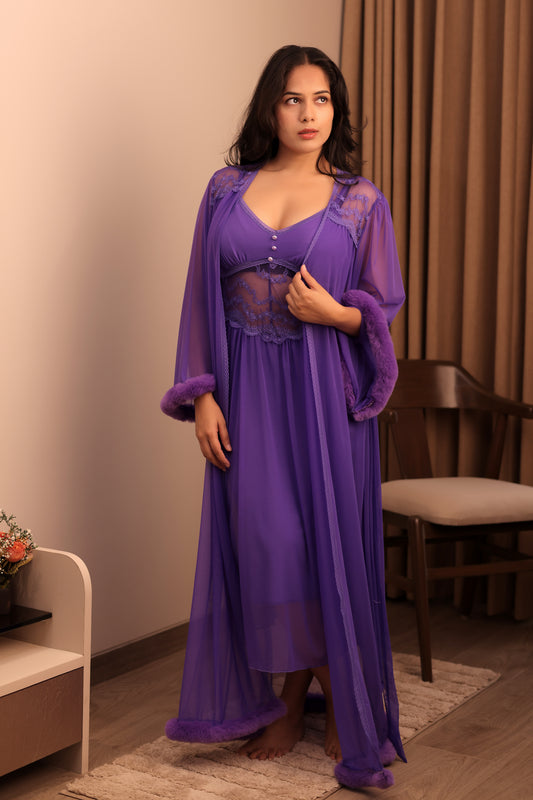 Royal Violet Sheer Lace Nightwear Set