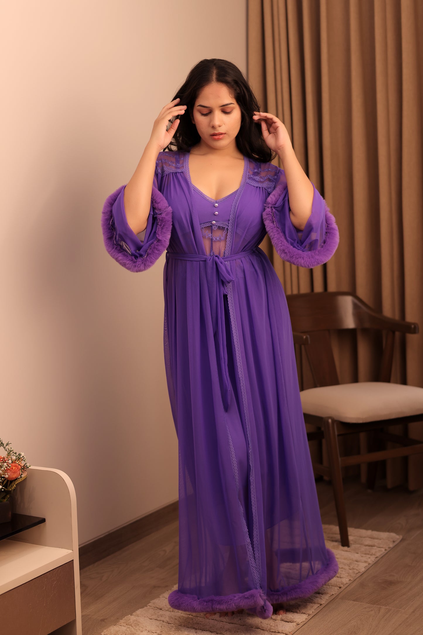 Royal Violet Sheer Lace Nightwear Set
