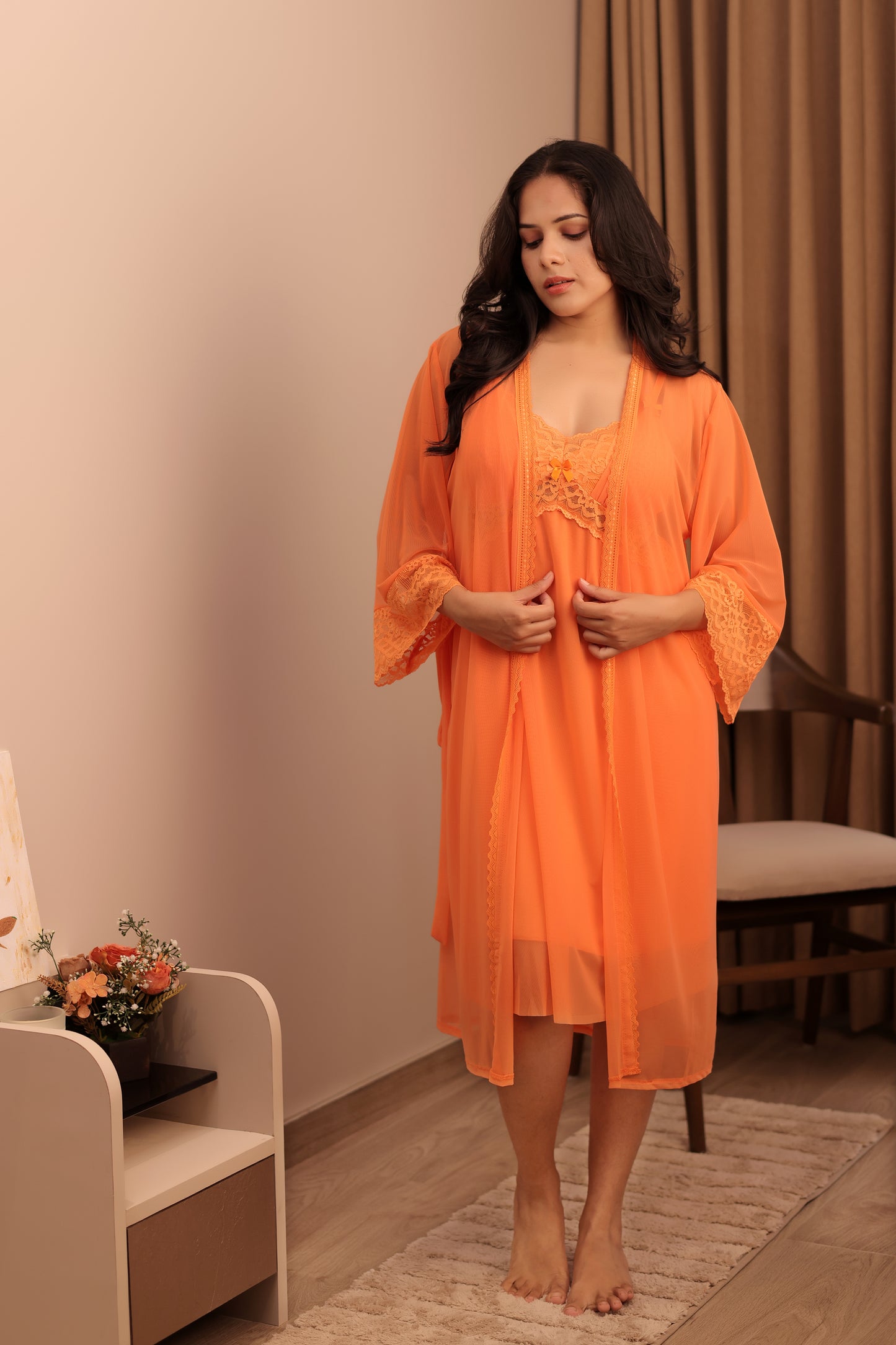 Sunset Orange Lace Robe Nightdress Set