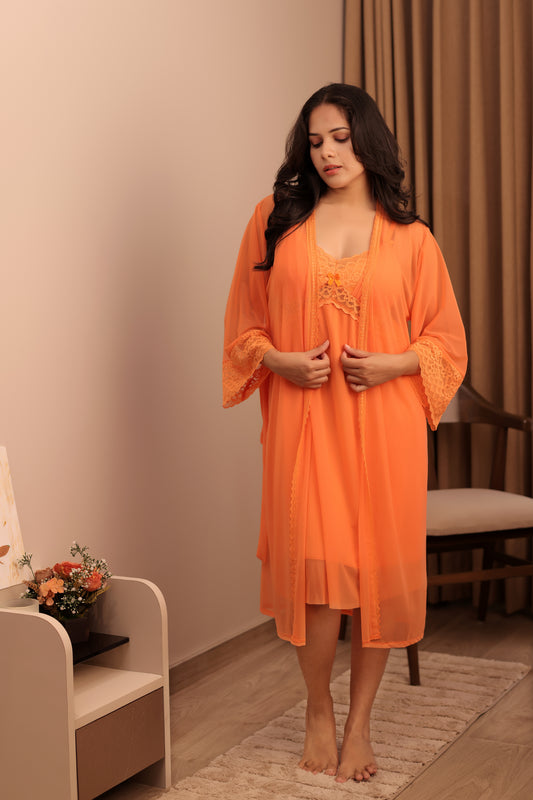 Sunset Orange Lace Robe Nightdress Set