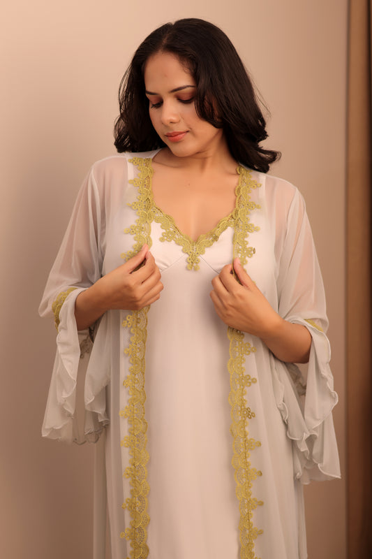 Ivory Gold Sheer Robe Nightwear Set