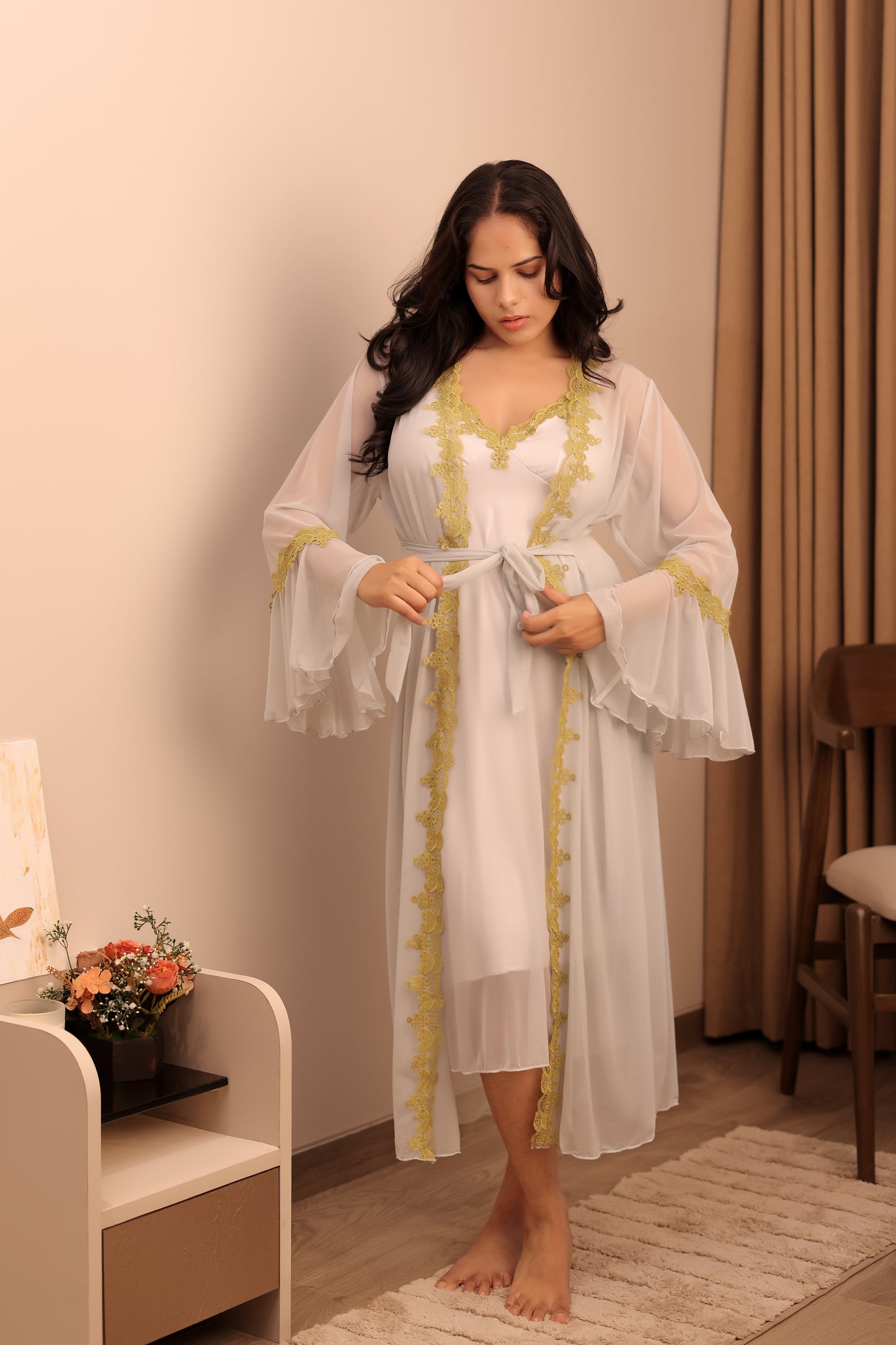Ivory Gold Sheer Robe Nightwear Set