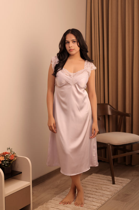 Pearl White Satin Lace Nighty